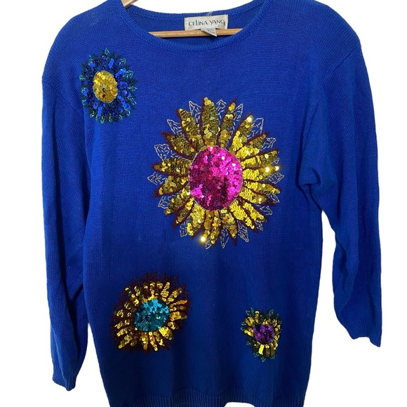 Celina Yang Womens Vintage Sequin Floral Sweater - Picture 2 of 9